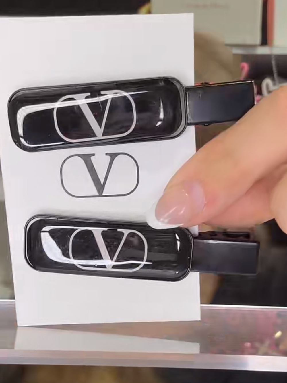 Valentino Black Hair Clips with White V Logo - Set of 2
